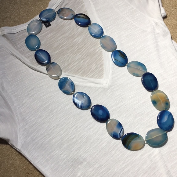 Benard Jewelry - Fire blue agate oval flat bead necklace